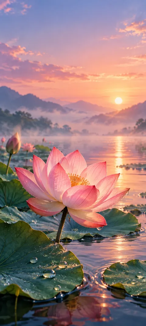 A pink lotus floats above quiet water and round leaves.