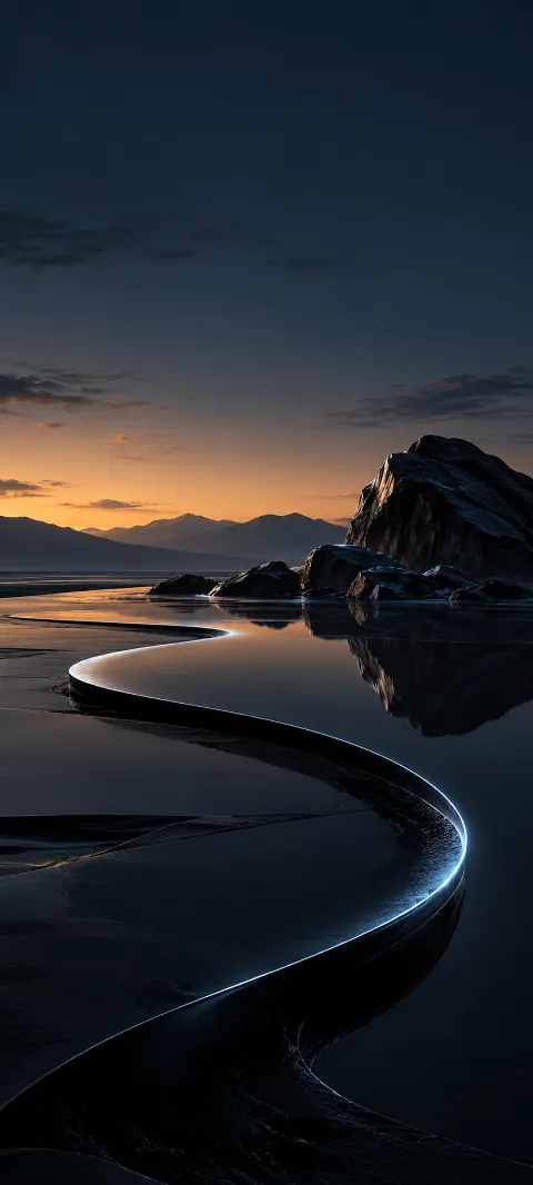 A thin cool highlight follows a dark shoreline at dusk.