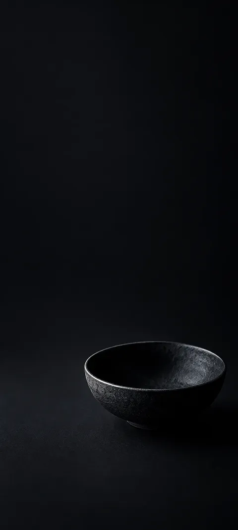 Empty black ceramic bowl with a thin silver-lit rim.