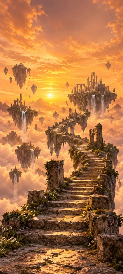 A stone stair climbs through an amber sky of islands.
