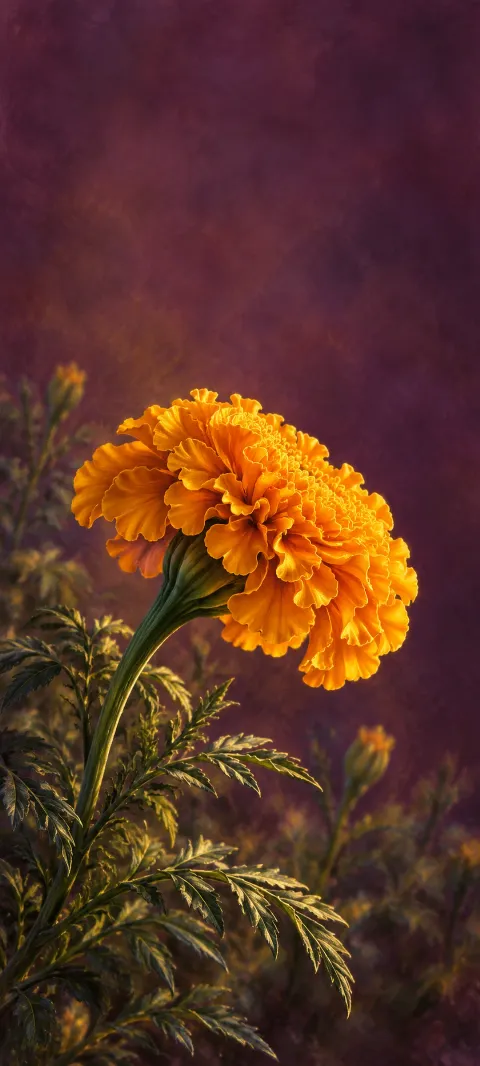 Golden ruffled marigold on a curved stem with divided leaves against plum shadows.