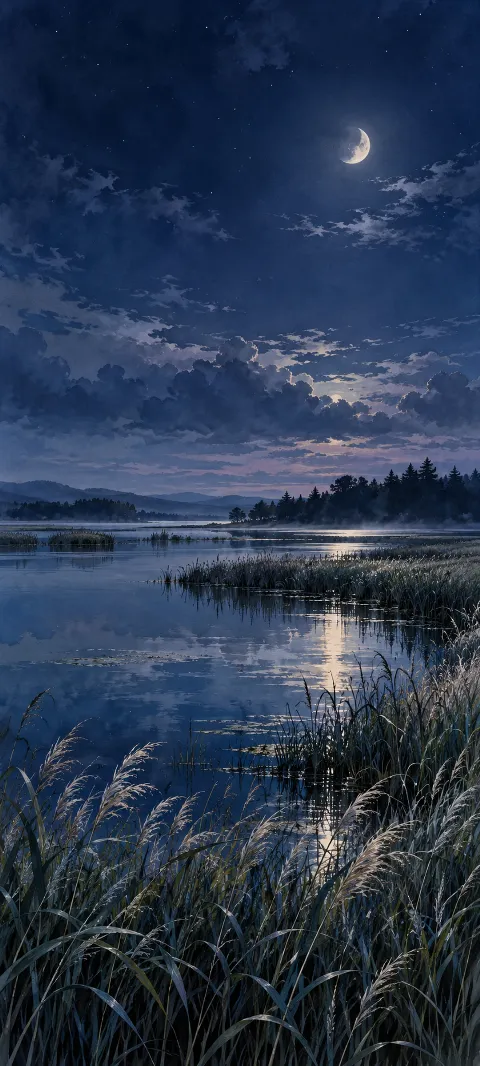 Reeds and distant forest reflected in a moonlit blue wetland lagoon.