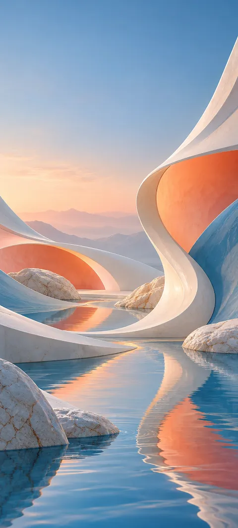 Pearl-white curves above blue and coral reflective surfaces.