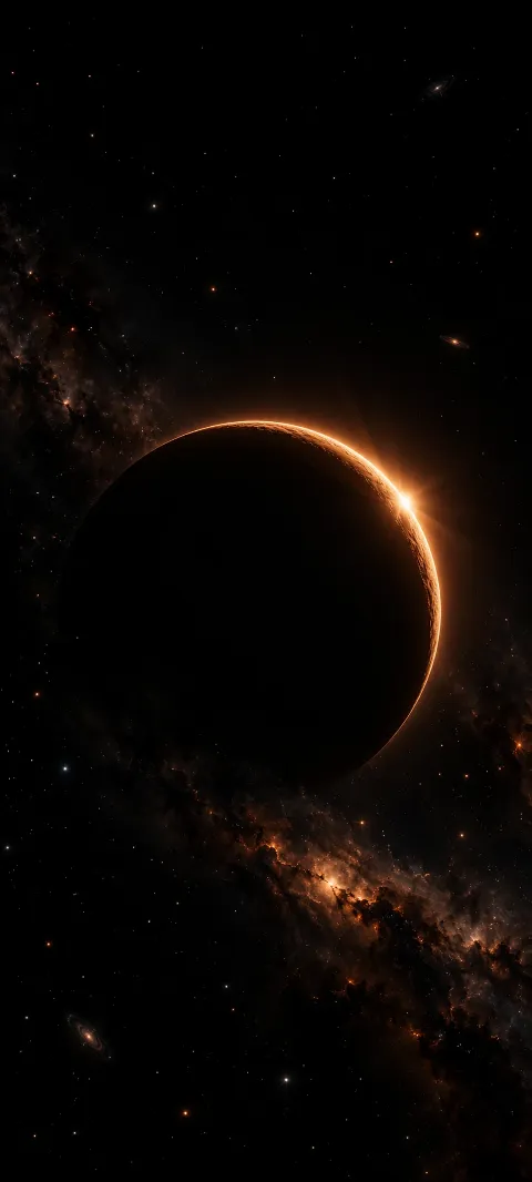 A copper-lit eclipse forms a narrow arc in black space.
