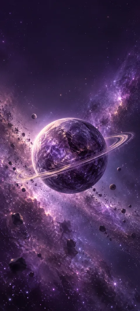 A ringed violet planet surrounded by rocky debris and purple dust.