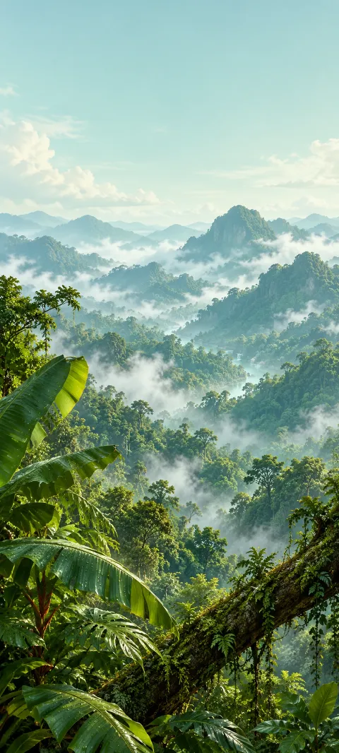 Banana leaves and a mossy branch frame misty green forest ridges.