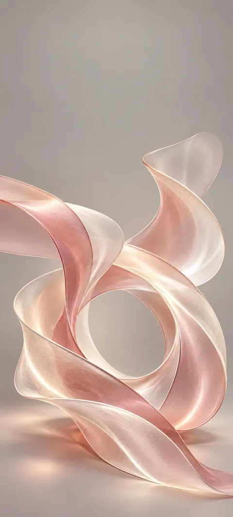 Rose and ivory translucent ribbons curl around an oval opening on a warm gray background.