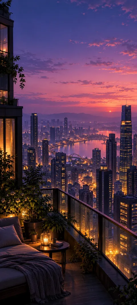 A balcony overlooks an illuminated river city at violet dusk.