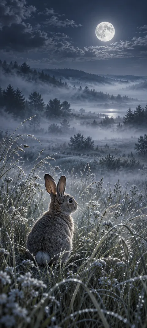 A gray rabbit in dew-covered grass beneath a bright moon.