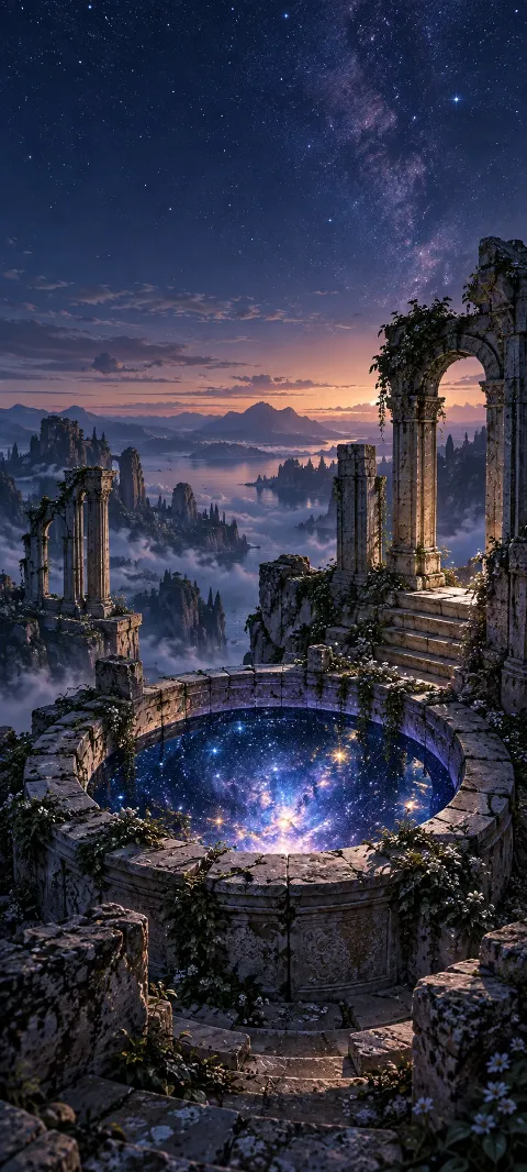 Imagined ruins surround a well filled with starlight.
