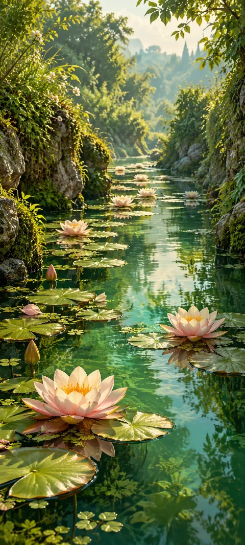 Water lilies float along a narrow green channel.
