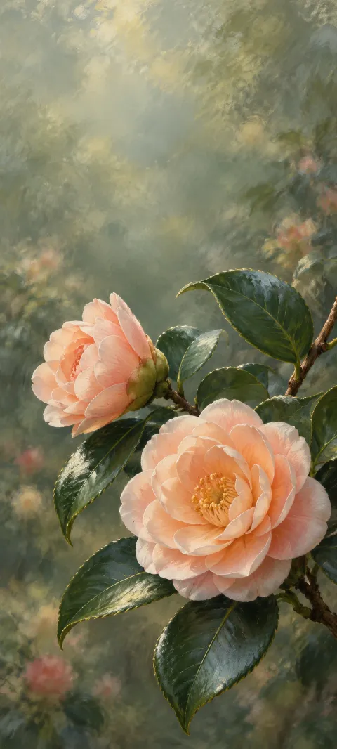 Two peach camellia blossoms among glossy dark green leaves against soft sage and cream brushwork.