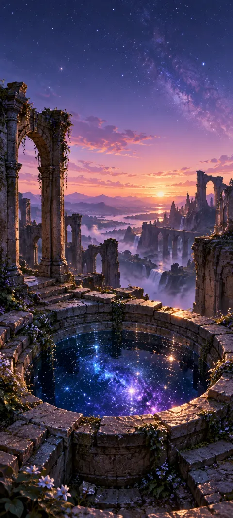 Imagined ruins surround a well filled with starlight.