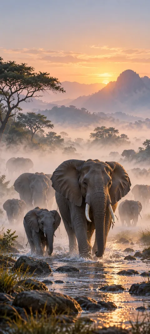 Elephants move through low dawn mist.