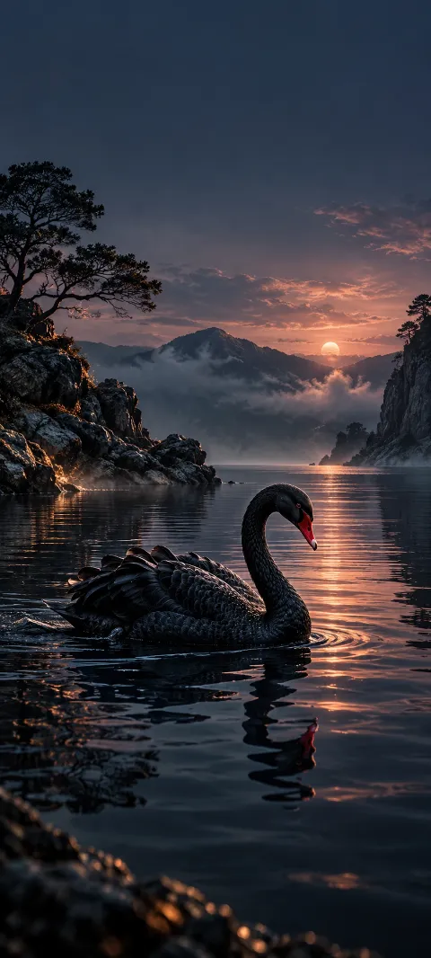 A black swan glides across a reflective mountain lake at dusk.