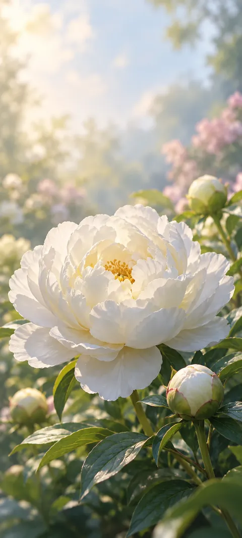 A white peony opens among leaves and buds in soft garden light.