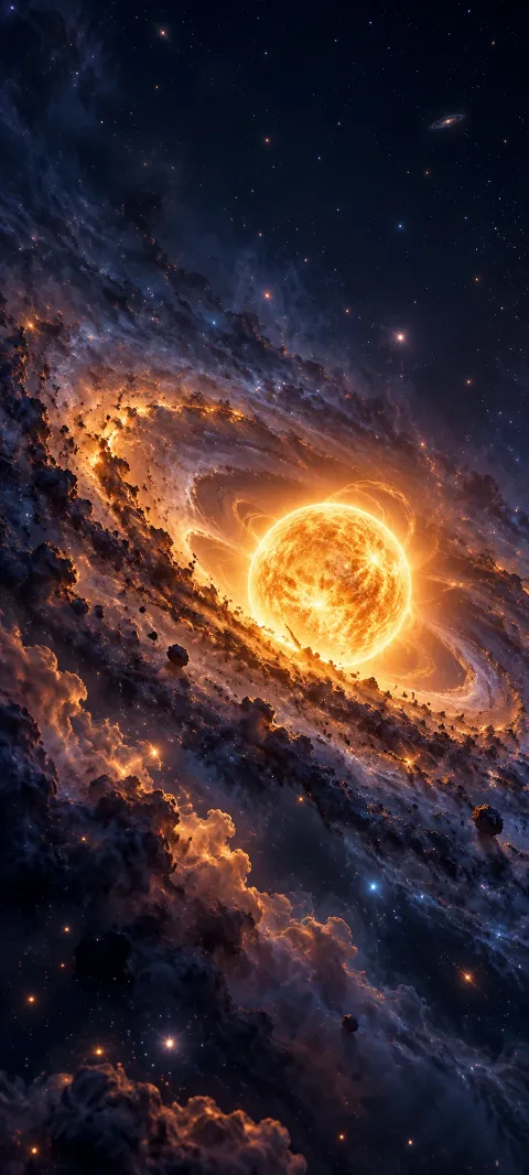 A warm distant star glows in indigo dust.