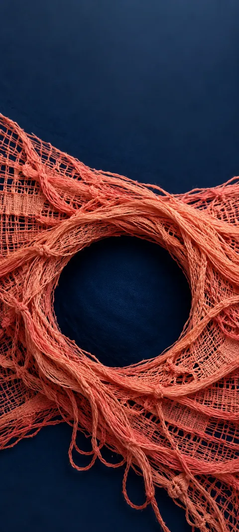 Coral cotton weave surrounding a circular indigo opening.