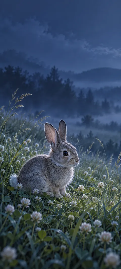 Gray rabbit with upright ears among white clover and grasses in cool blue moonlight.