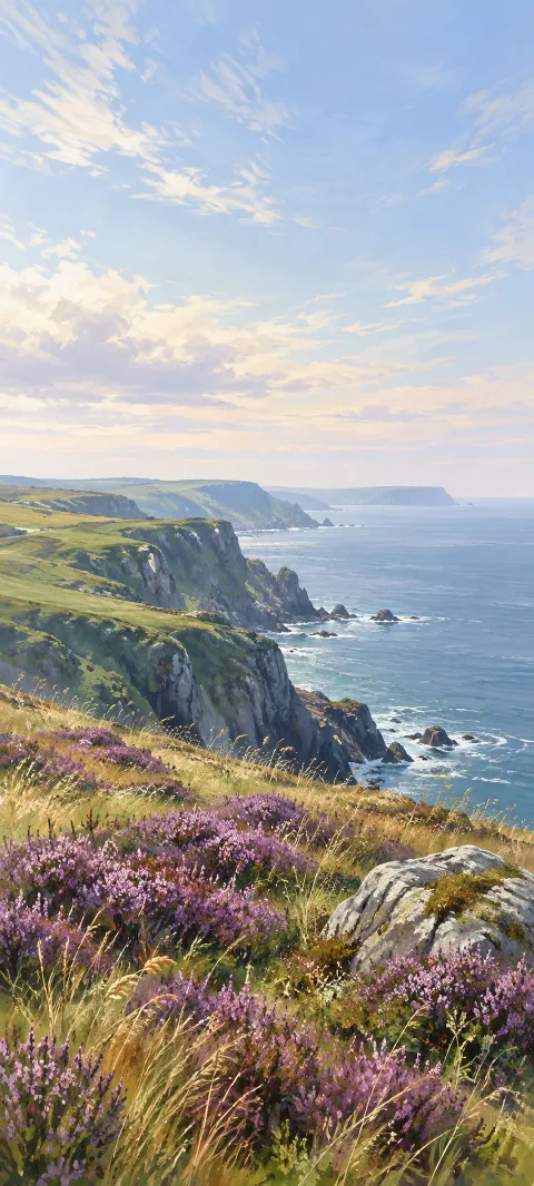 Violet heather and grasses on green sea cliffs overlooking a blue gray sea.