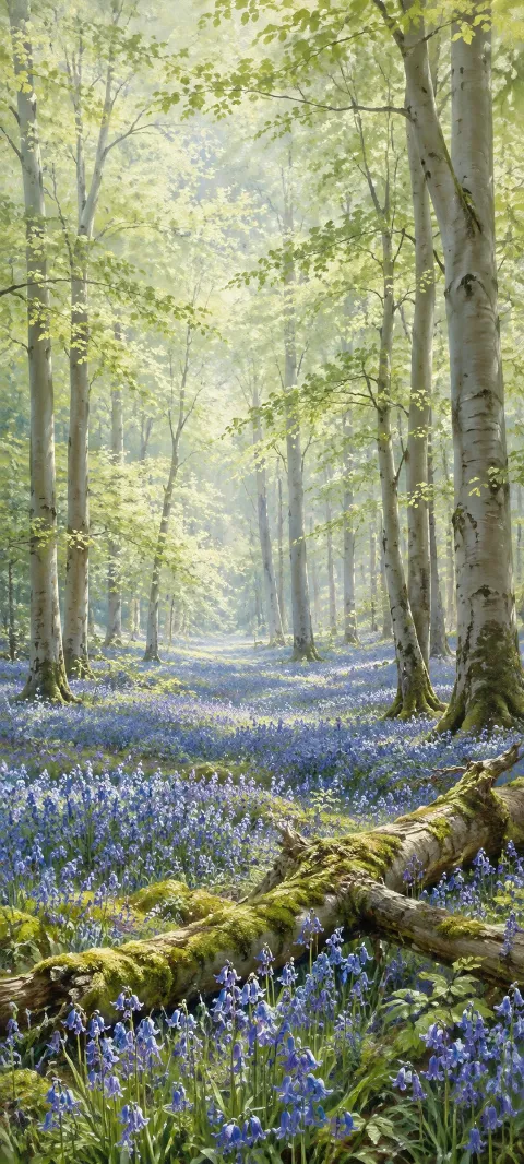 Bluebells beneath pale beech trunks with a moss-covered fallen branch.