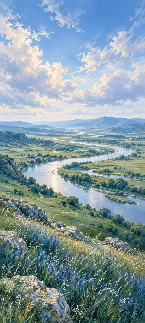 Silver river winding across blue green meadows with foreground flowers and distant hills.