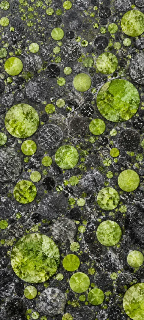 Lime and graphite dots create a mineral texture.