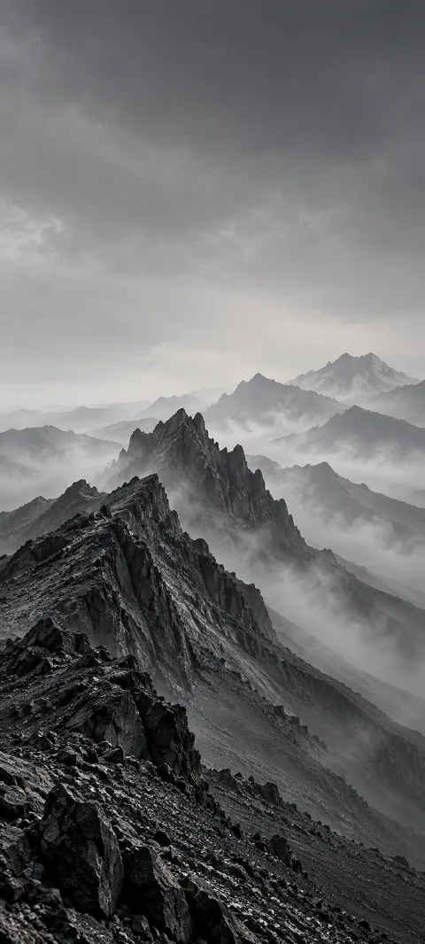 Jagged dark volcanic ridge leading toward misty gray mountain ranges.