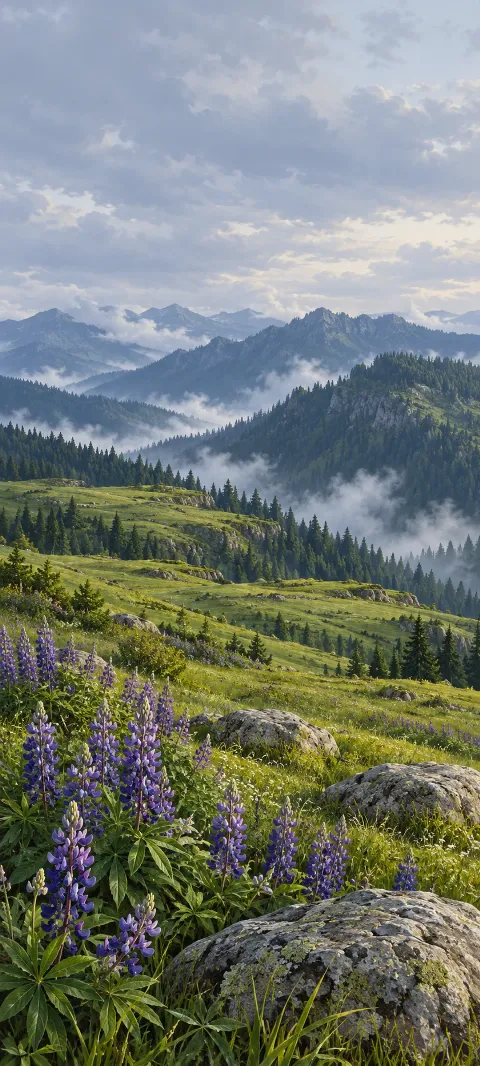 Purple lupines and gray boulders above green mountain terraces and misty ridges.