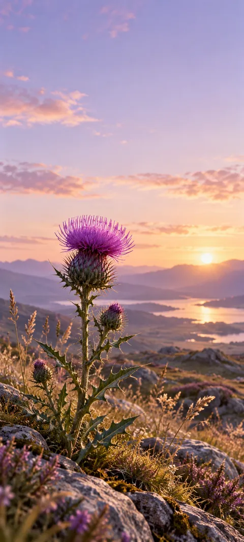 A purple thistle stands among grasses above sunset hills and water.