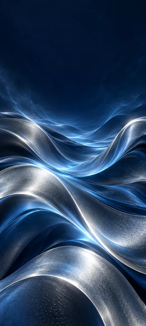 Silver layers pulse through a midnight blue field.