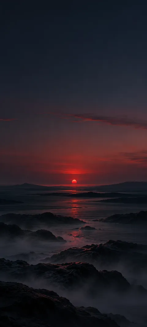 A red point and reflection hover over a dark shoreline at dusk.