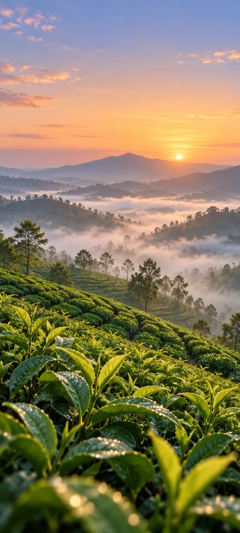 Fresh tea leaves curl along a misty hillside row.