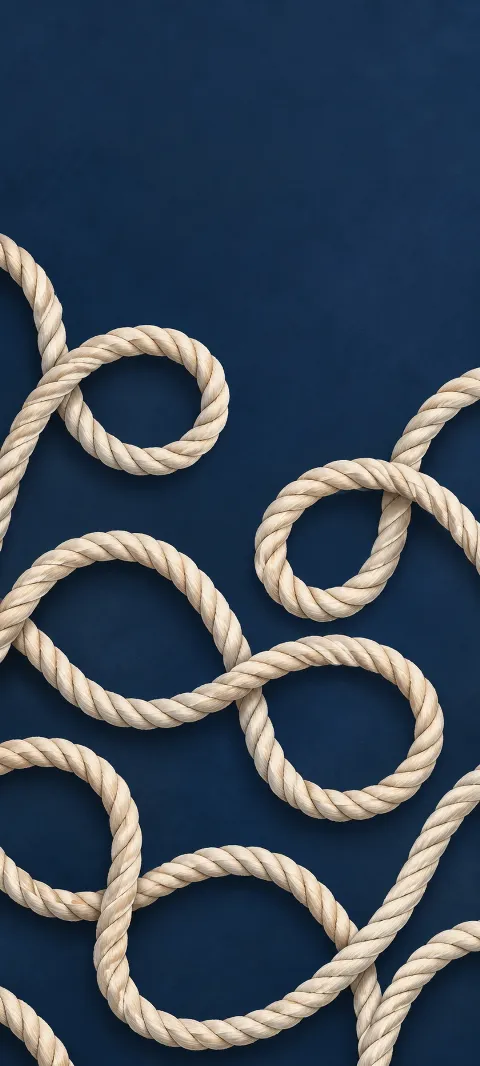 Ivory rope loops repeat across a muted navy ground.