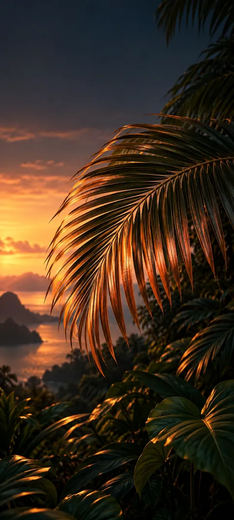A copper-lit palm frond arcs across a dark tropical background.
