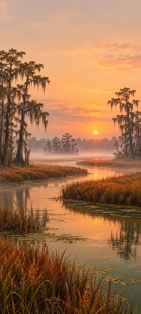 Moss-hung cypress trees beside a winding marsh channel at a peach-colored dawn.
