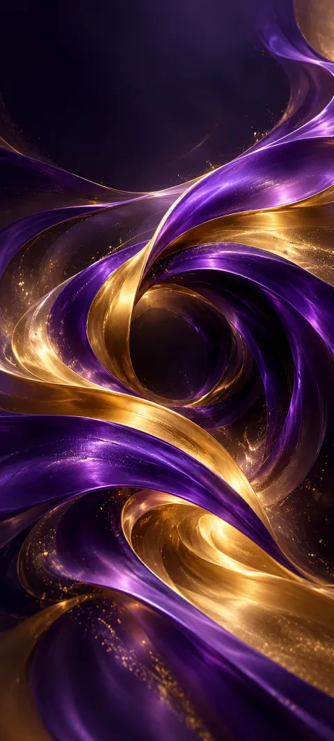 Violet and gold ribbons twist around a dark center like liquid silk.