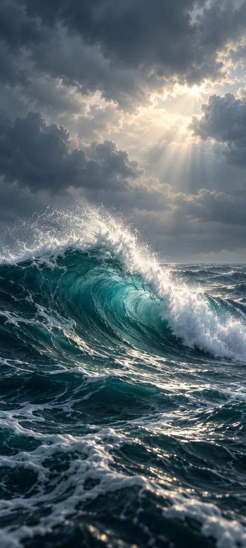 Turquoise ocean wave breaking with white spray under gray storm clouds and sunlight.