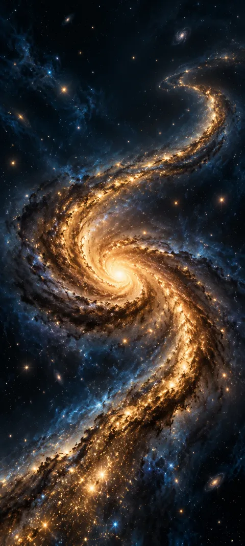 A golden galaxy ribbon winds through deep navy space.