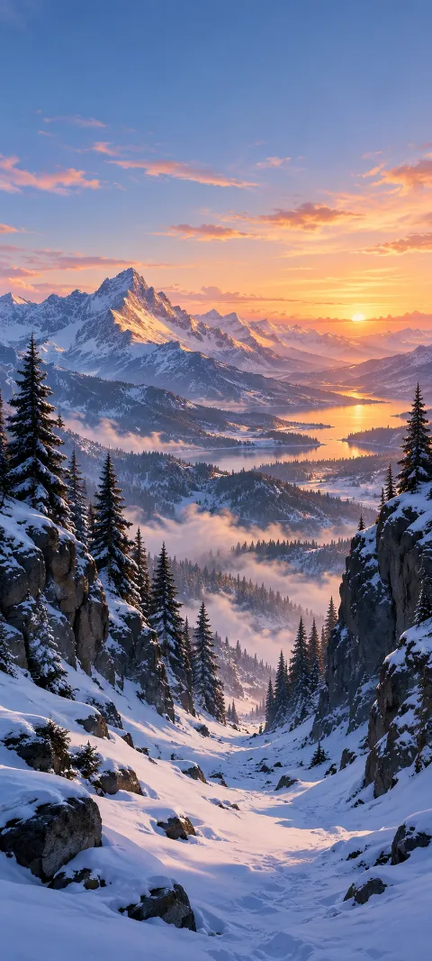 A snowy pass descends between dark pines and blue cliffs.