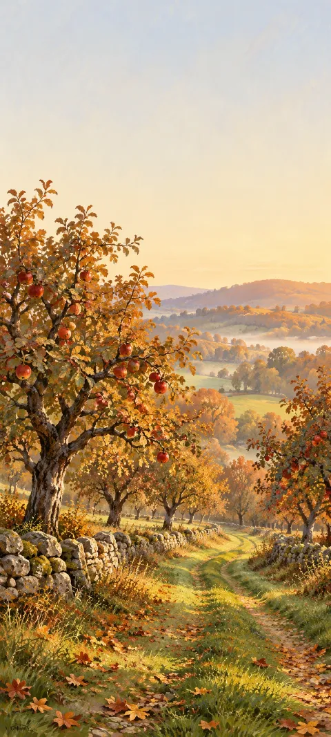 Autumn orchard path between stone walls and trees bearing red apples.