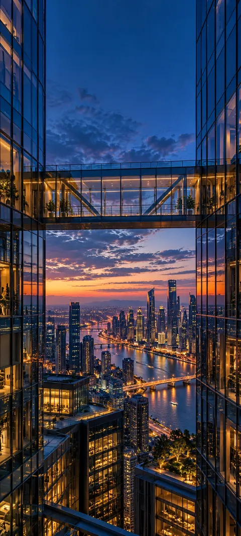 A glass skywalk links slender buildings above a tree-lined street.