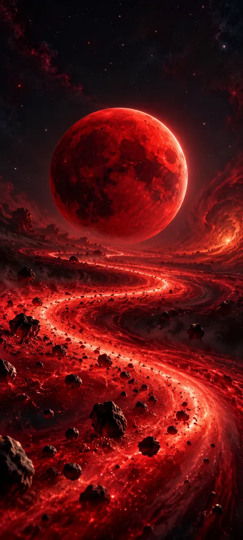 A crimson moon hangs over red cosmic dust.