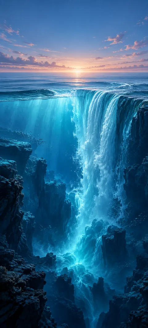 Blue water falls into an imagined ocean trench.