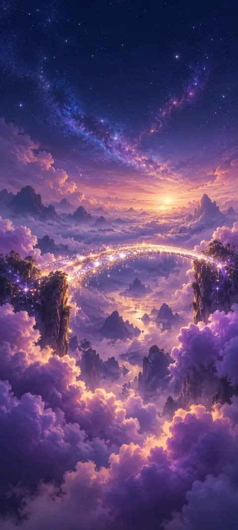 A sparkling bridge of stars spans violet clouds above a glowing valley.
