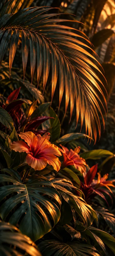 A copper-lit palm frond arcs across a dark tropical background.