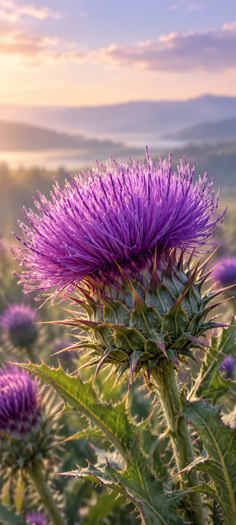 A purple thistle rises against a pale field.