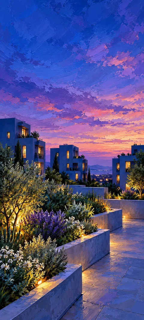 Lit rooftop garden terraces beneath cobalt buildings and a purple dusk sky.
