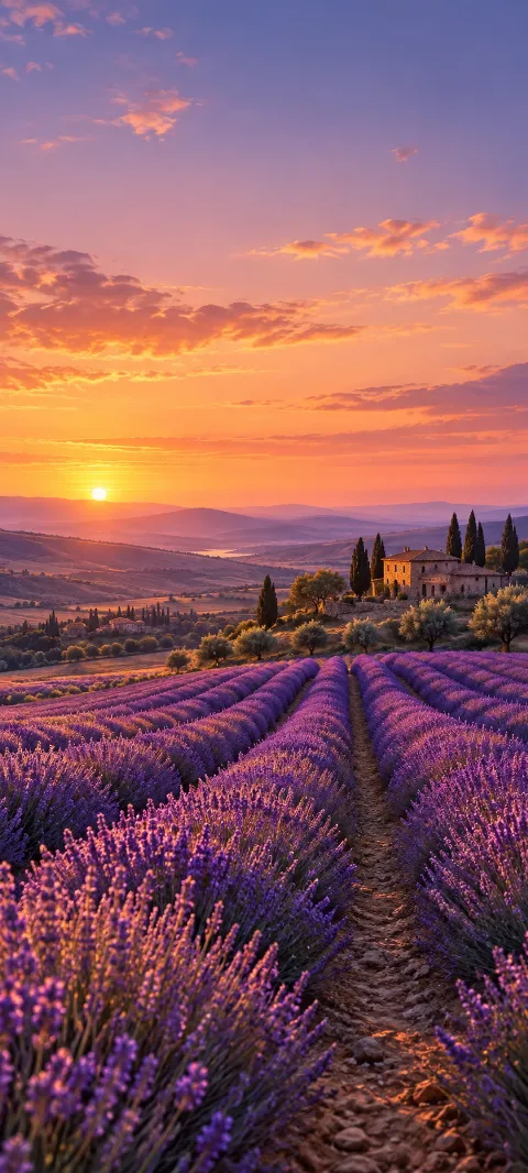 Lavender rows lead toward low hills beneath a wide evening sky.