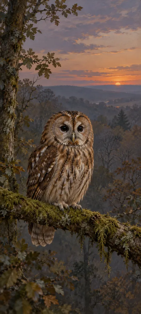 A whole tawny owl perched on a mossy branch with woodland hills and an orange sunset behind.